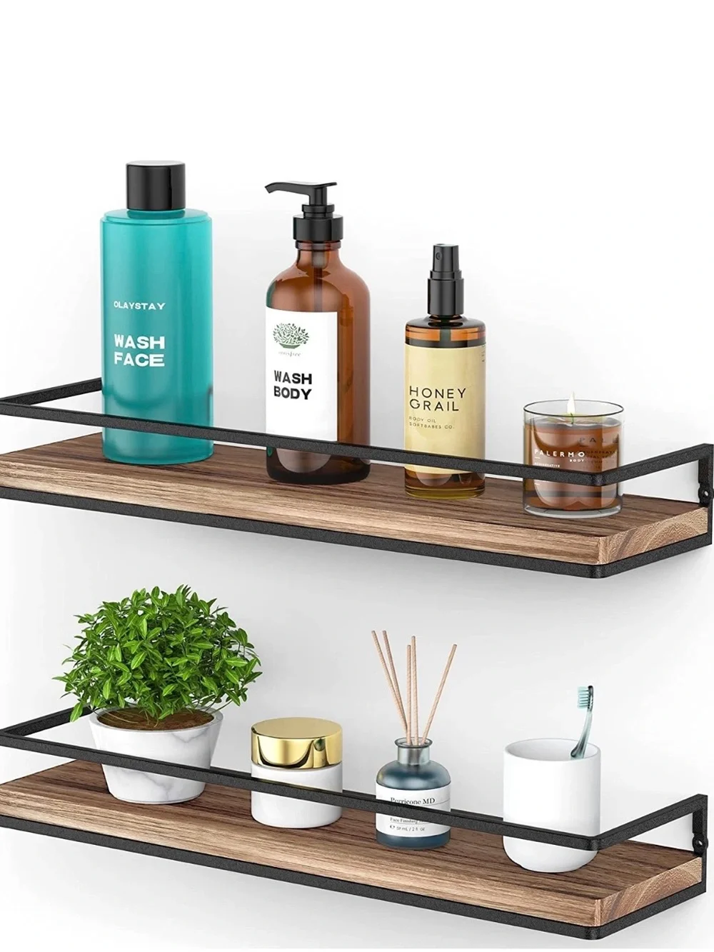 Meangood Floating Shelves Wall Mounted Set of 2, Rustic Wood Wall Storage Shelve